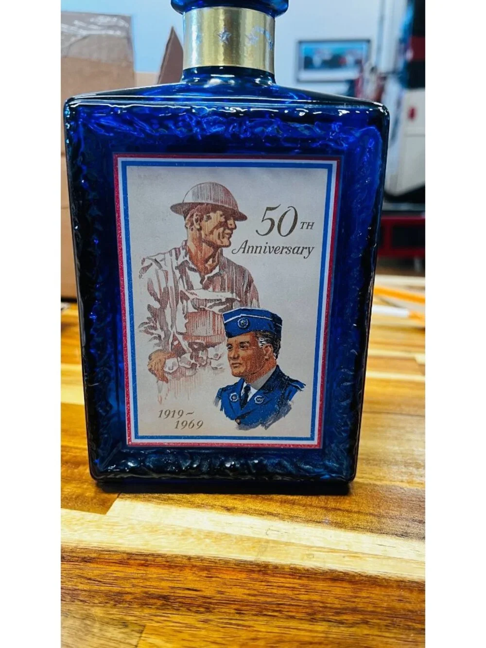 Vintage American Legion whiskey decanter (EMPTY) , 50th anniversary edition, cob